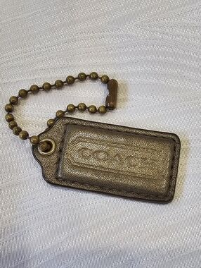 Coach Gold Leather Key Tag with Brass Ball Chain